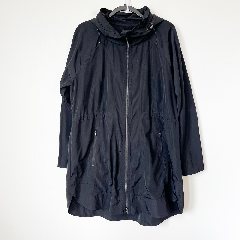 Athleta Drip Drop Jacket Packable Hood Zip Front Raincoat Black Womens XL